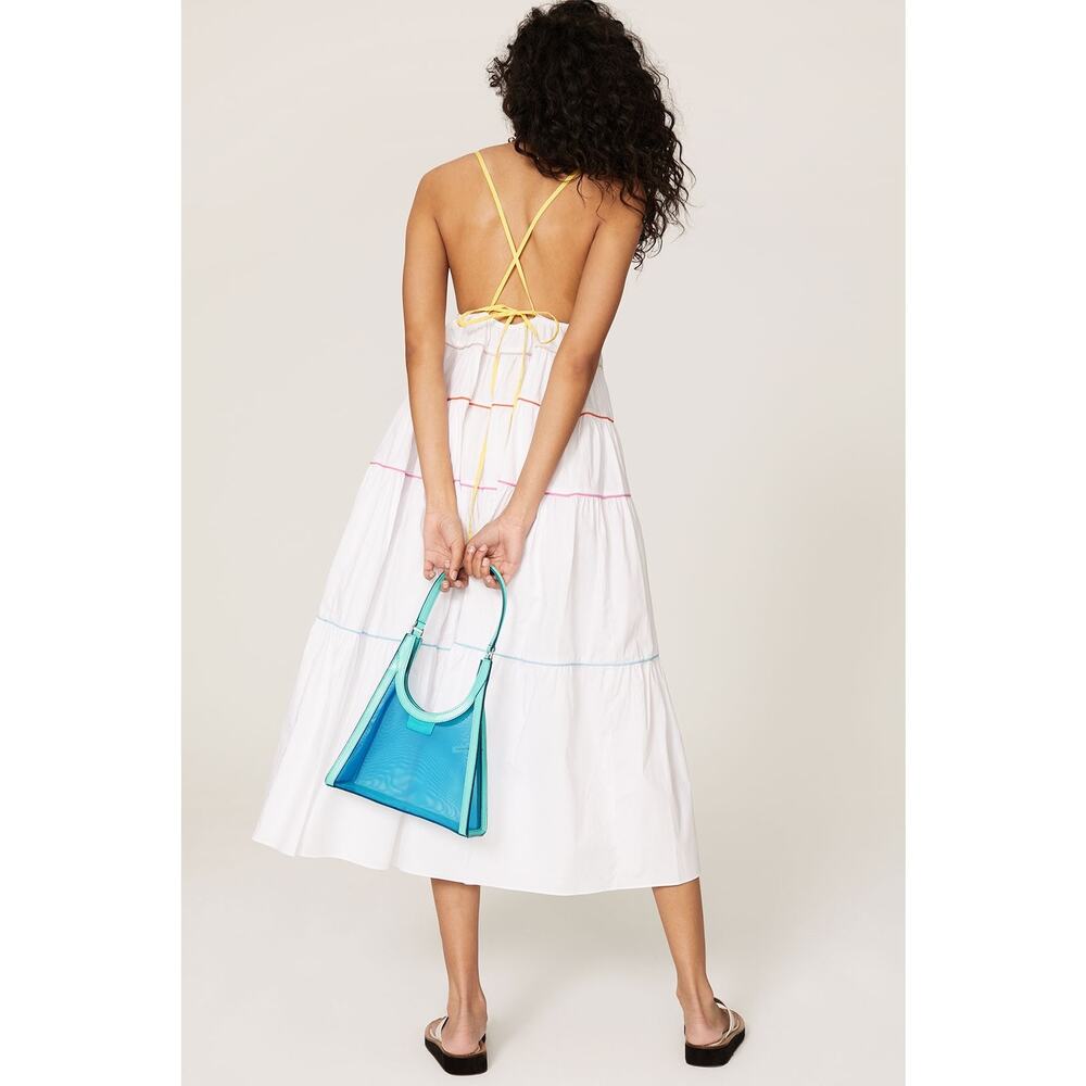 Staud NWT Cleo Tiered Poplin Midi Dress XL Rainbow Trim Cotton - Picture 3 of 16